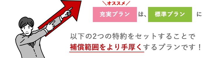 充実プランは、標準プランに以下の2つの特約をセットすることで
補償範囲をより手厚くするプランです!